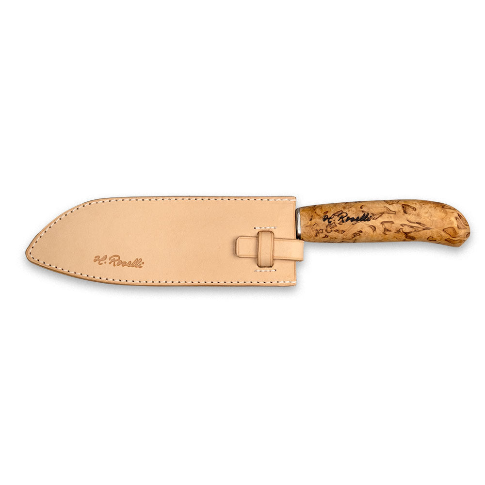 Rosellis Finnish handmade Japanese Chef knife made from carbon steel. Now comes with a handmade leather sheath.