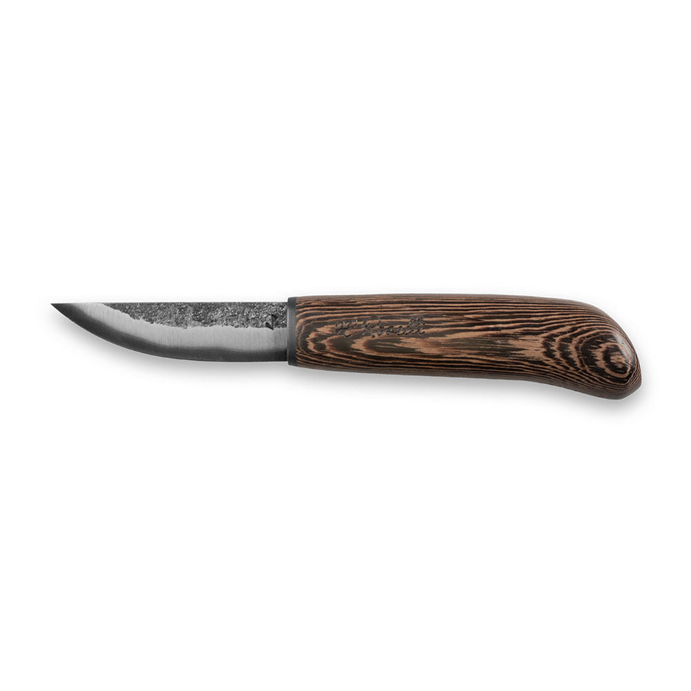 Roselli's limited edition knife "Carpenter knife black edition". Made from exclusive laminated carbon steel, wenge wood handle with carbon fiber ferrule. Comes with a handmade leather sheath in black. 