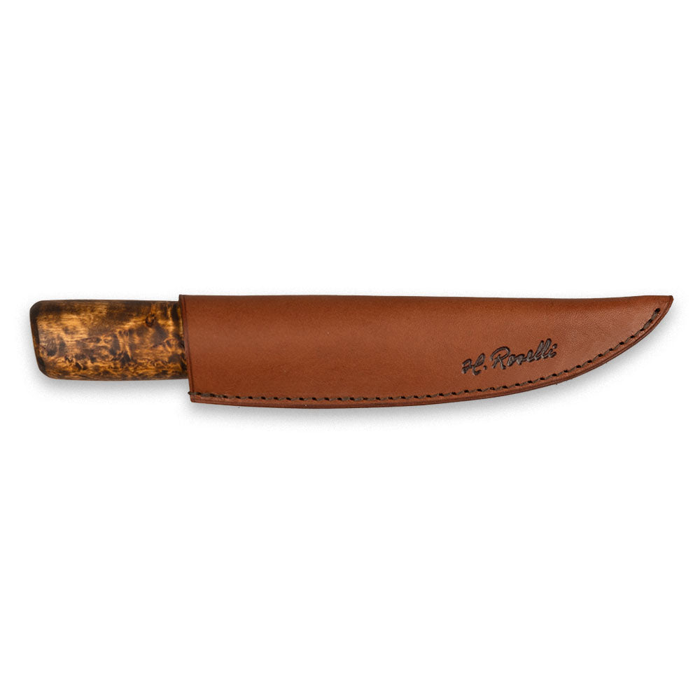 Roselli's handmade Finnish Carving knife with a handle made from stained curly birch and a blade from carbon steel with a scandi grind zero feature. Comes with a handmade leather sheath.