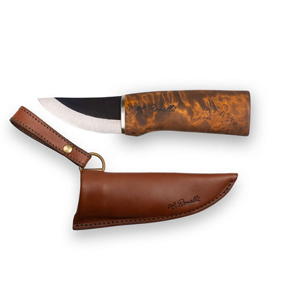 Handmade Finnish short hunting knife for outdoor and smaller game hunting. Comes with a handmade leather sheath. 