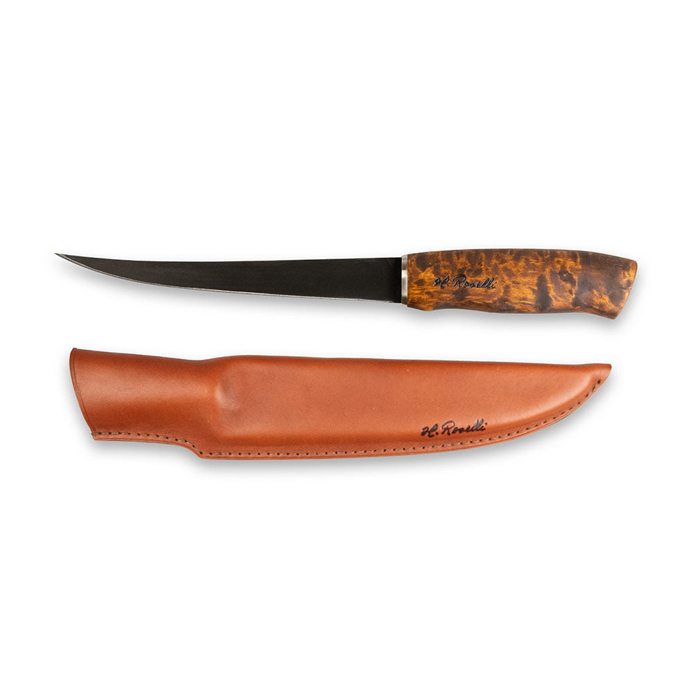 Roselli Big Fillet knife, with stained curly birch handle and hand made leather sheath