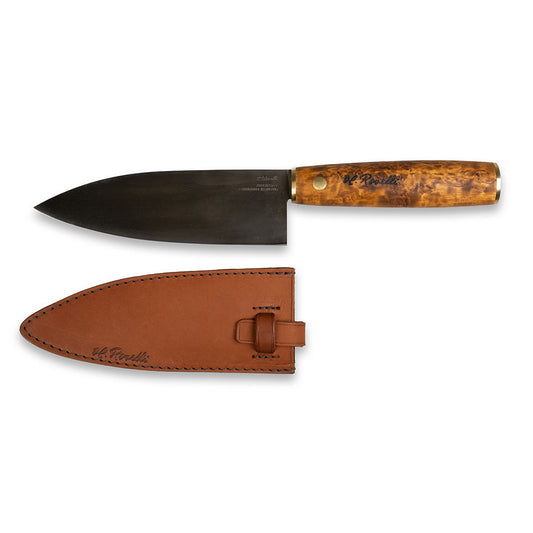 Roselli's Finnish handmade Japanese kitchen knife in model "Santoku knife". Made from carbon steel and curly birch. Comes with a handmade sheath of light vegetable Finnish leather. 