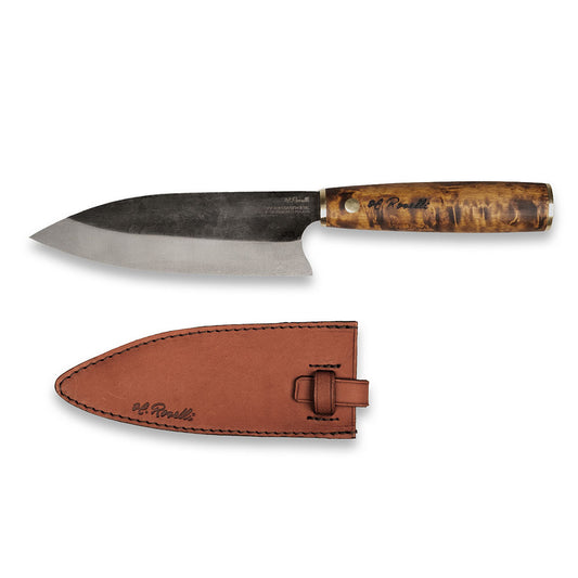 Roselli's handcrafted Santoku kitchen knife in high-carbon steel (UHC steel) with a stained curly birch handle. Delivered with a handmade leather sheath.