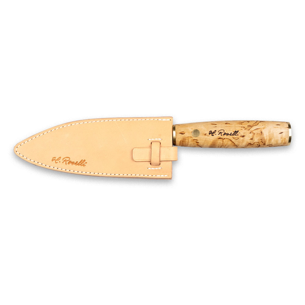 Roselli's Finnish handmade Japanese kitchen knife in model "Santoku knife". Made from carbon steel and curly birch. Comes with a handmade sheath of light vegetable Finnish leather. 